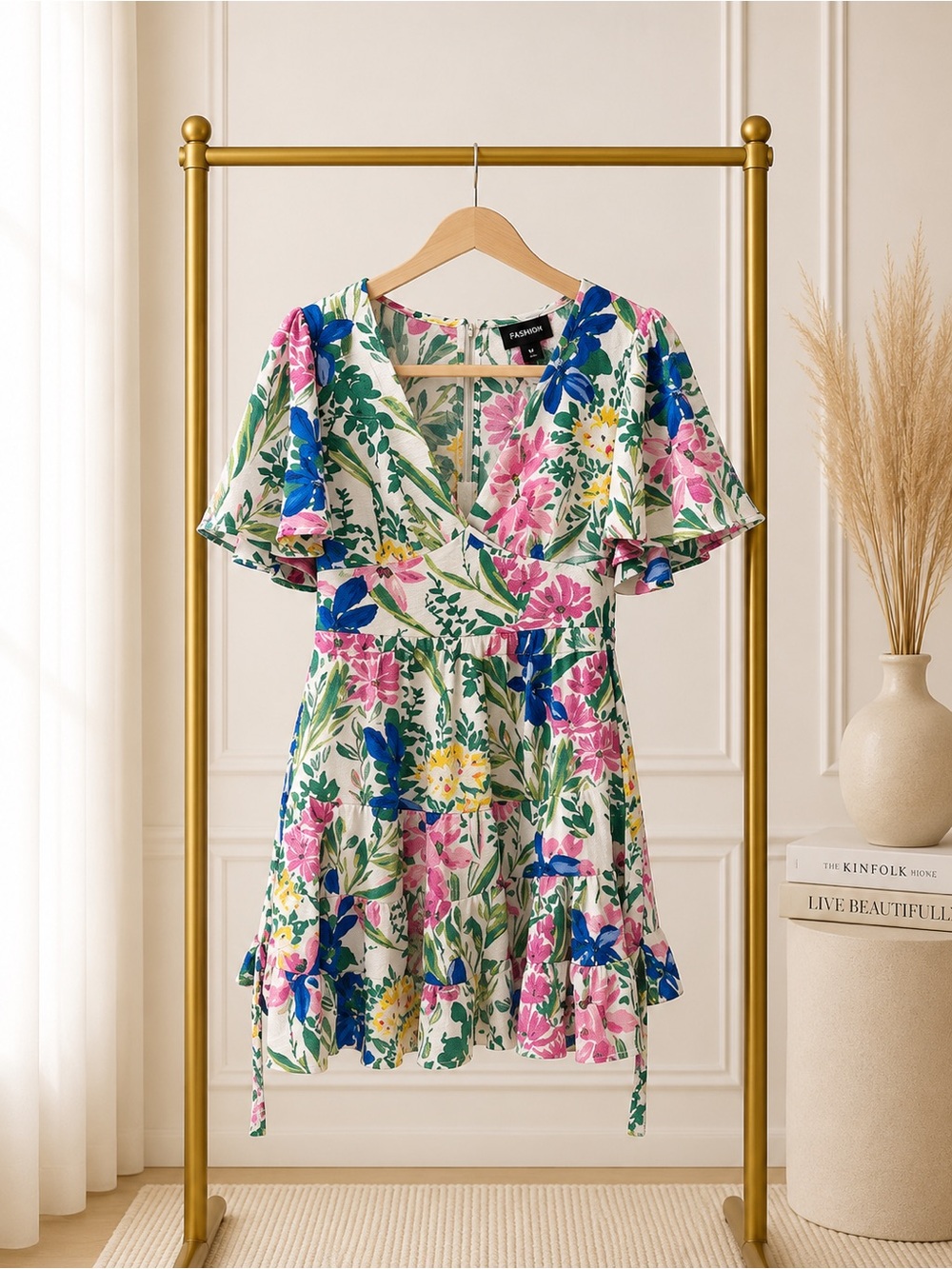 🔴 BB Dakota White Floral V-Neck Ruffle Sleeve Mini Dress - Pink, Blue & Green